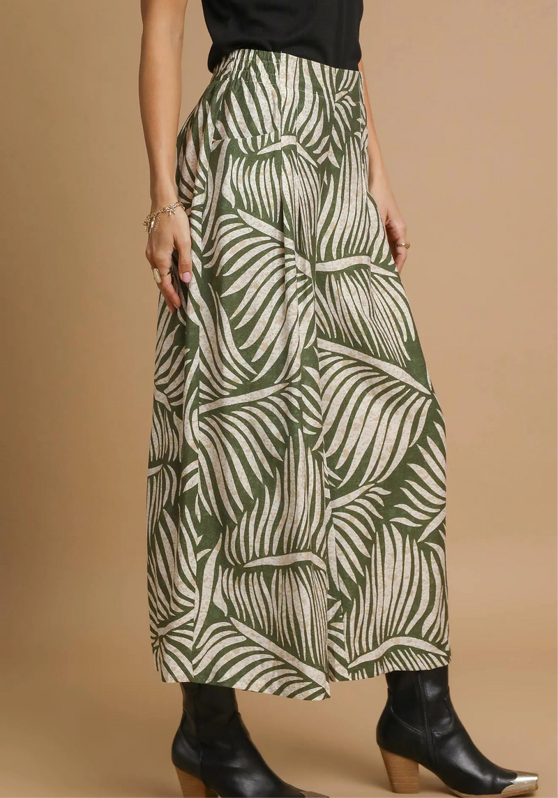 Palm Leaf Print Wide Leg Culotte Pants