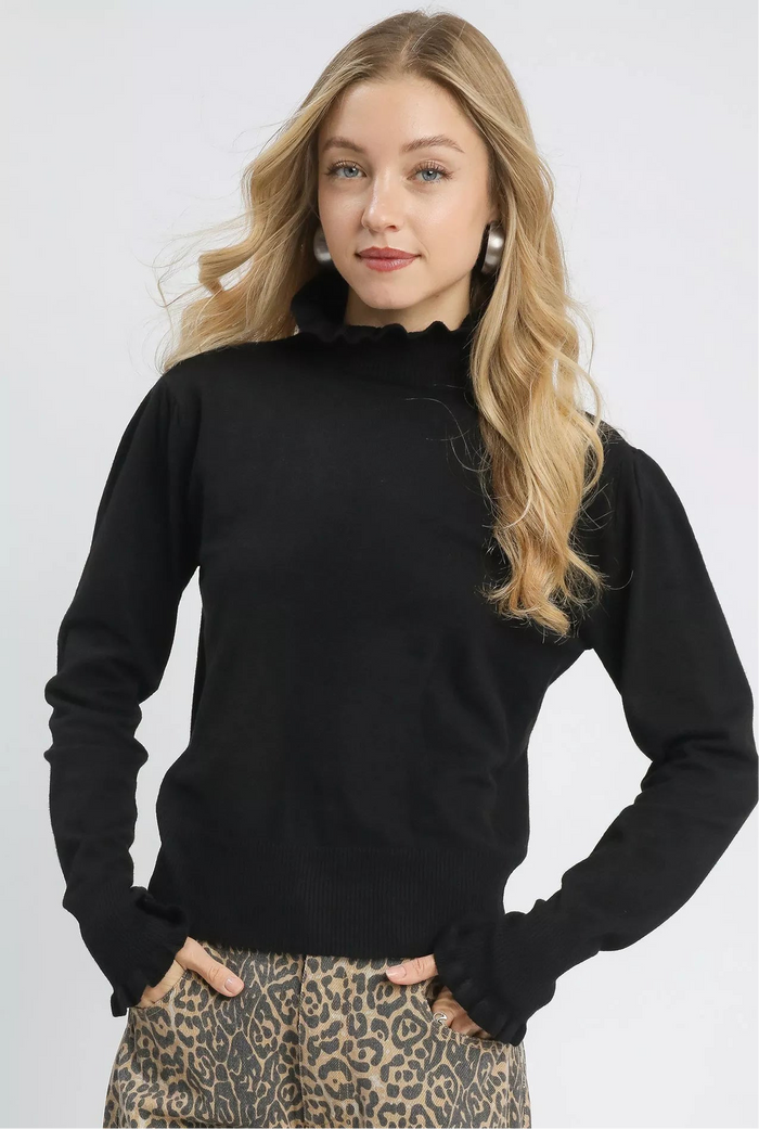 Ruffle Mock Neck Puff Sleeve Sweater