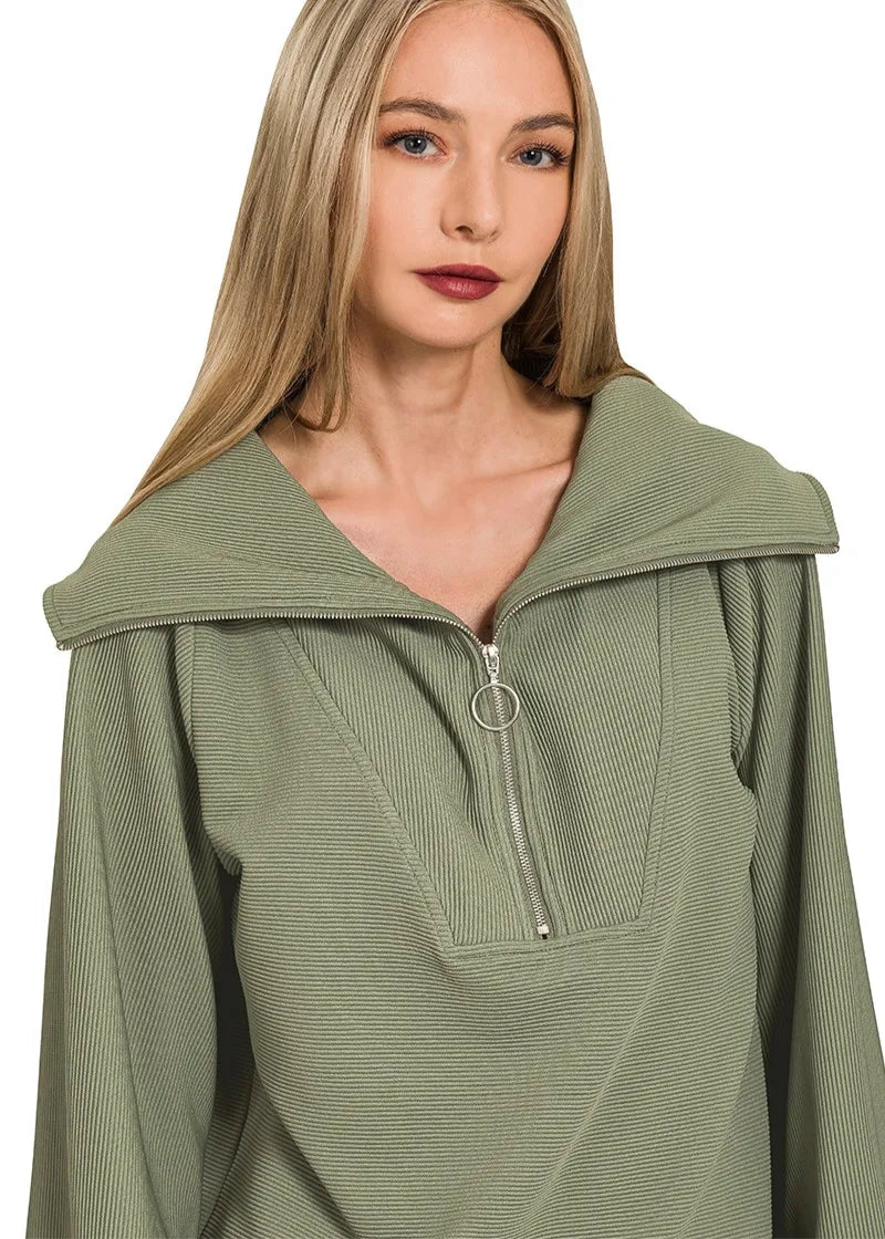 Ribbed High Neck Half Zip Pullover & Pants Set