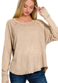Crinkle Washed Thumb Hole Cuffs Long Sleeve Top