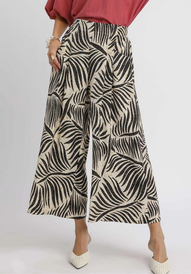 Palm Leaf Print Wide Leg Culotte Pants