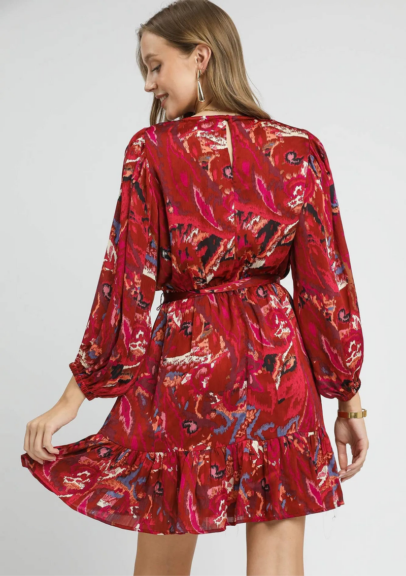 Ruffled Hem Printed Balloon Sleeve Dress