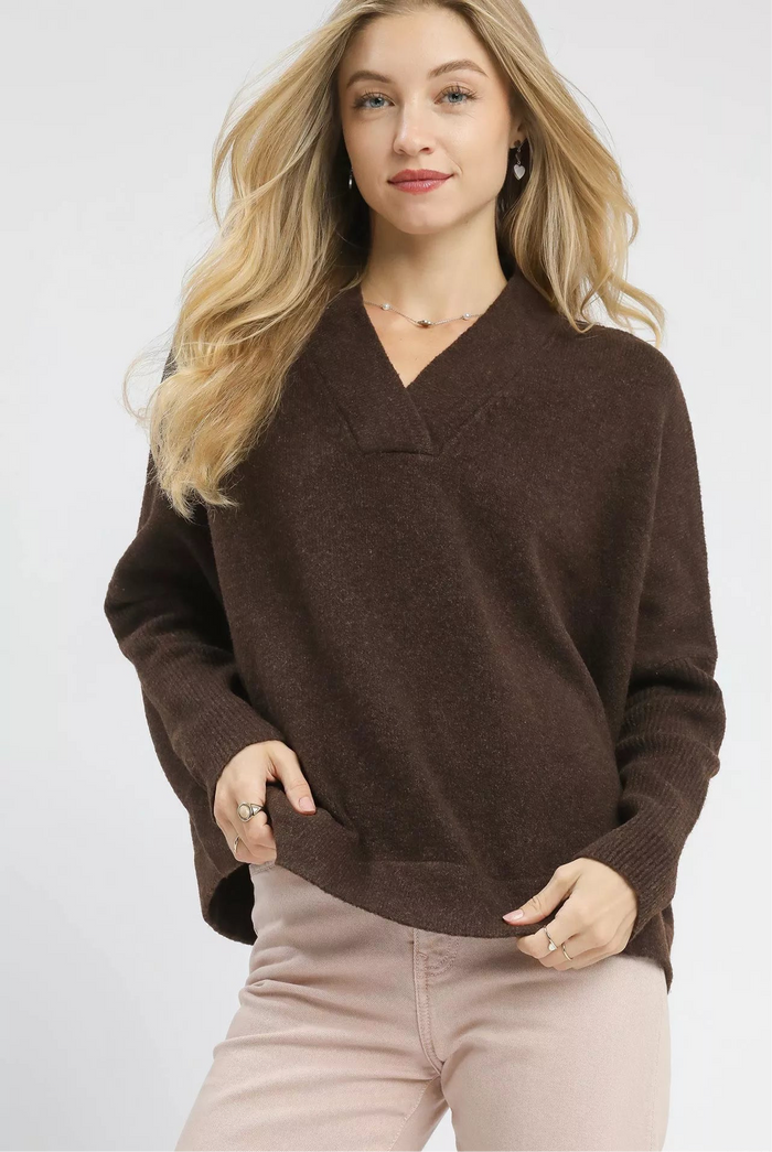 V-Neck Sweater with Wide Trim Detail