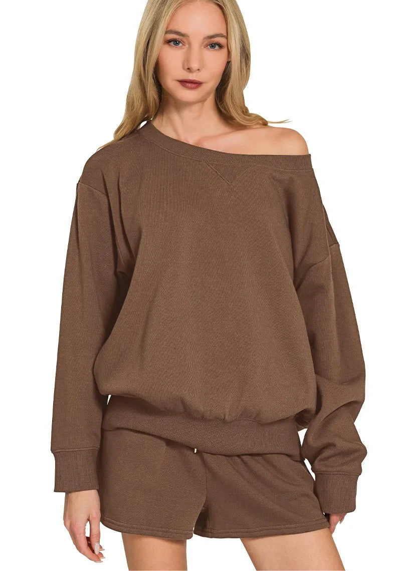 Fleece Boat Neck Sweatshirt and Shorts Set