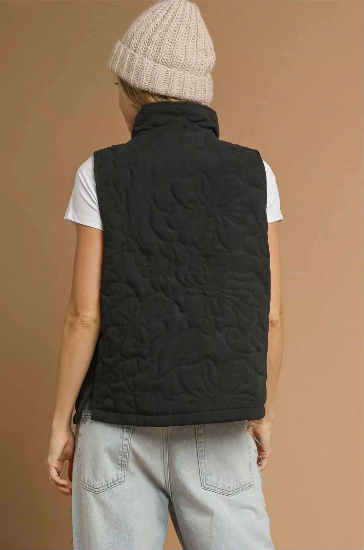 Quilted Floral Zip Up Vest with Pockets