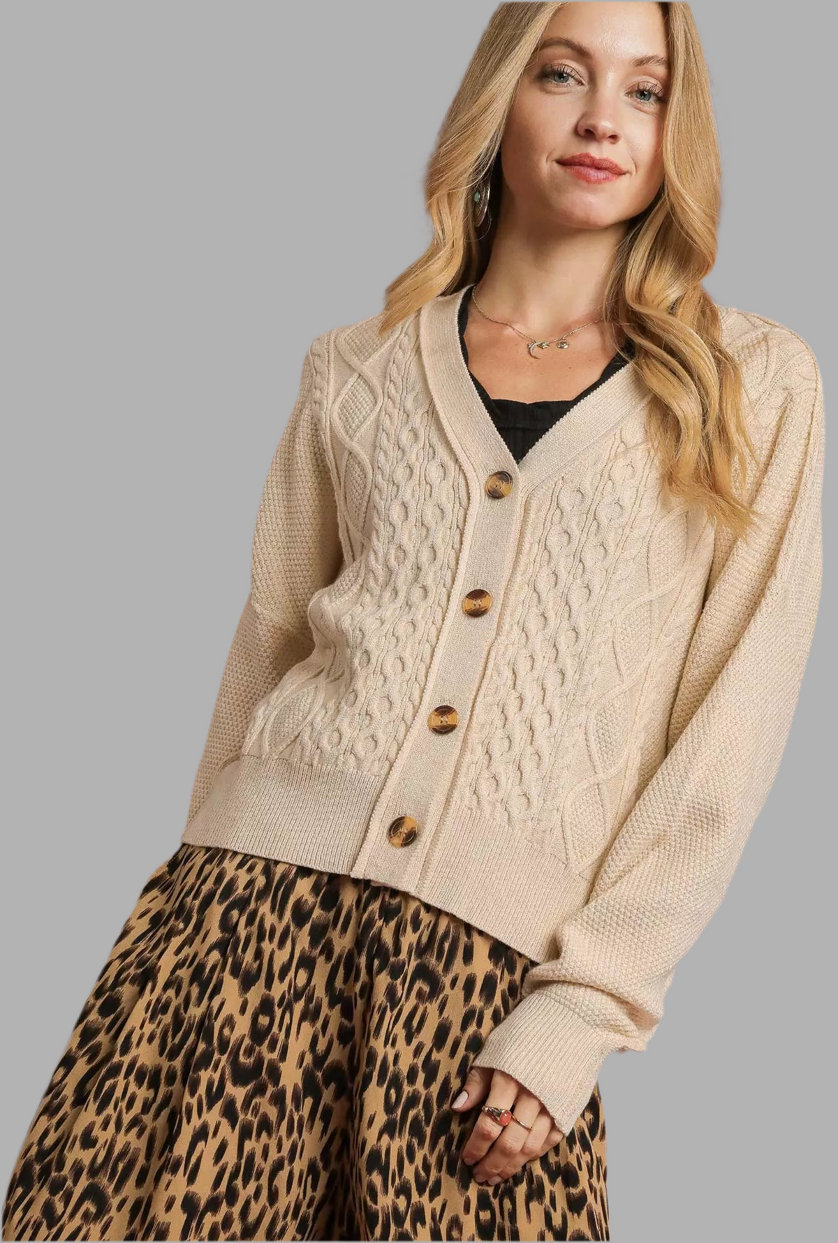 Chunky Cable Knit V-Neck Button-Up Cardigan