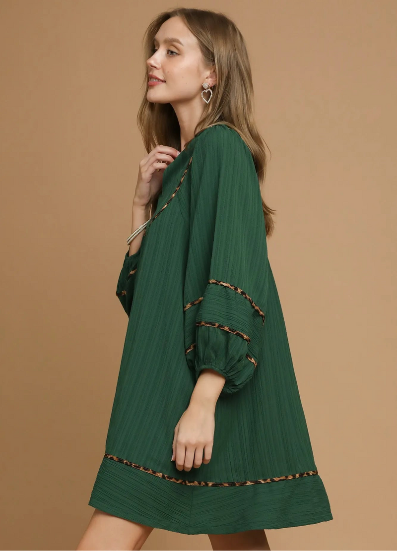 Textured Babydoll Dress with Leopard Trim