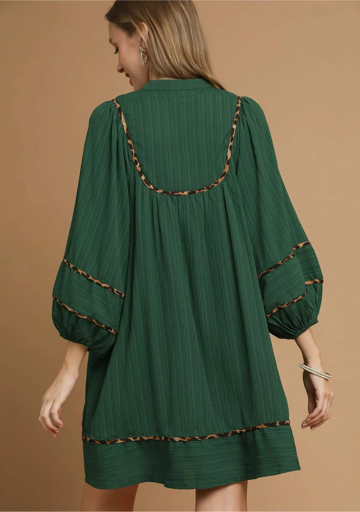 Textured Babydoll Dress with Leopard Trim