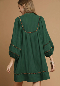 Textured Babydoll Dress with Leopard Trim