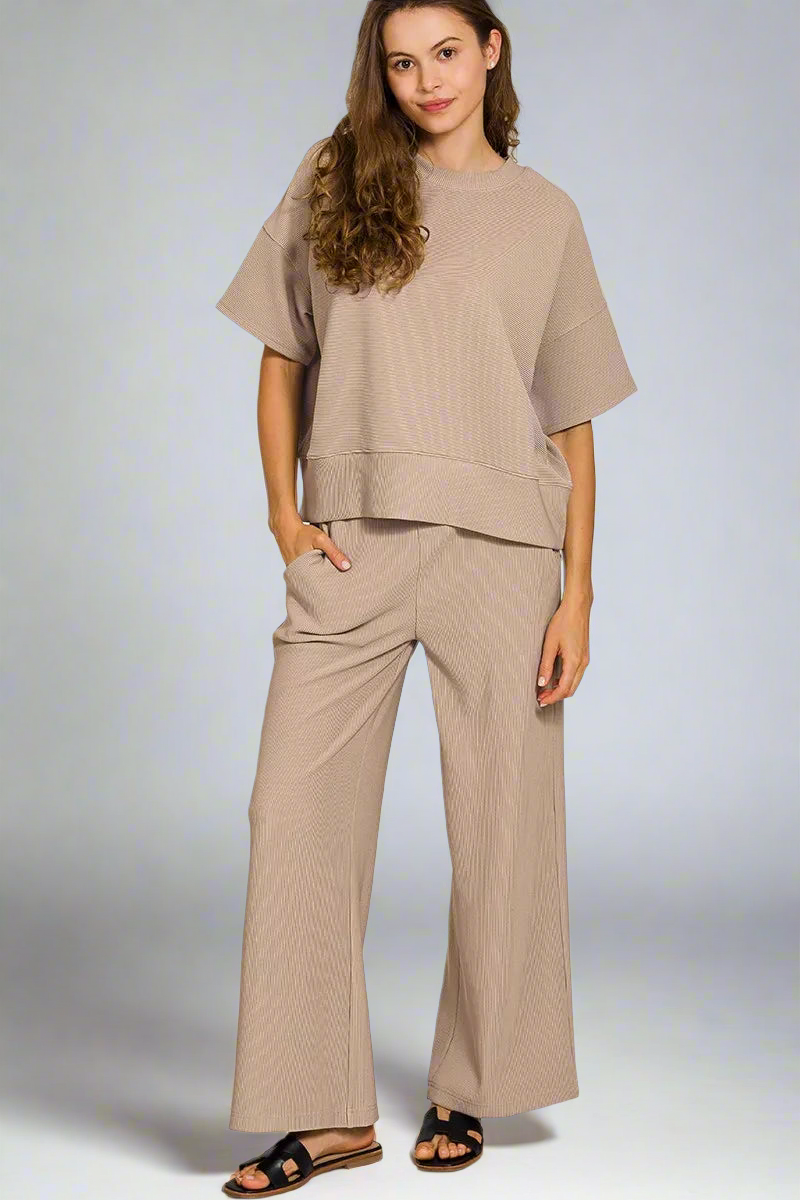 Ribbed Round Neck Tee & Pants Set