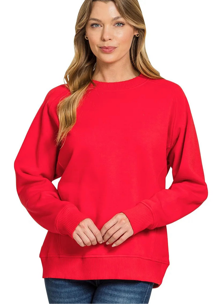 Fleece Round Neck Ribbed Side Raglan Sweatshirt