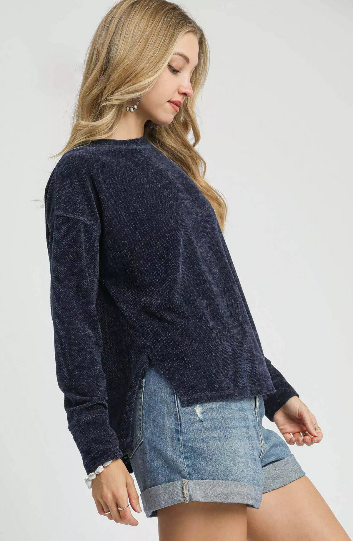 Round Neck Long Sleeve Side Slit Top