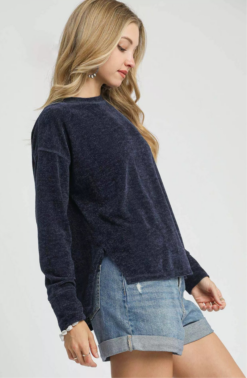 Round Neck Long Sleeve Side Slit Top