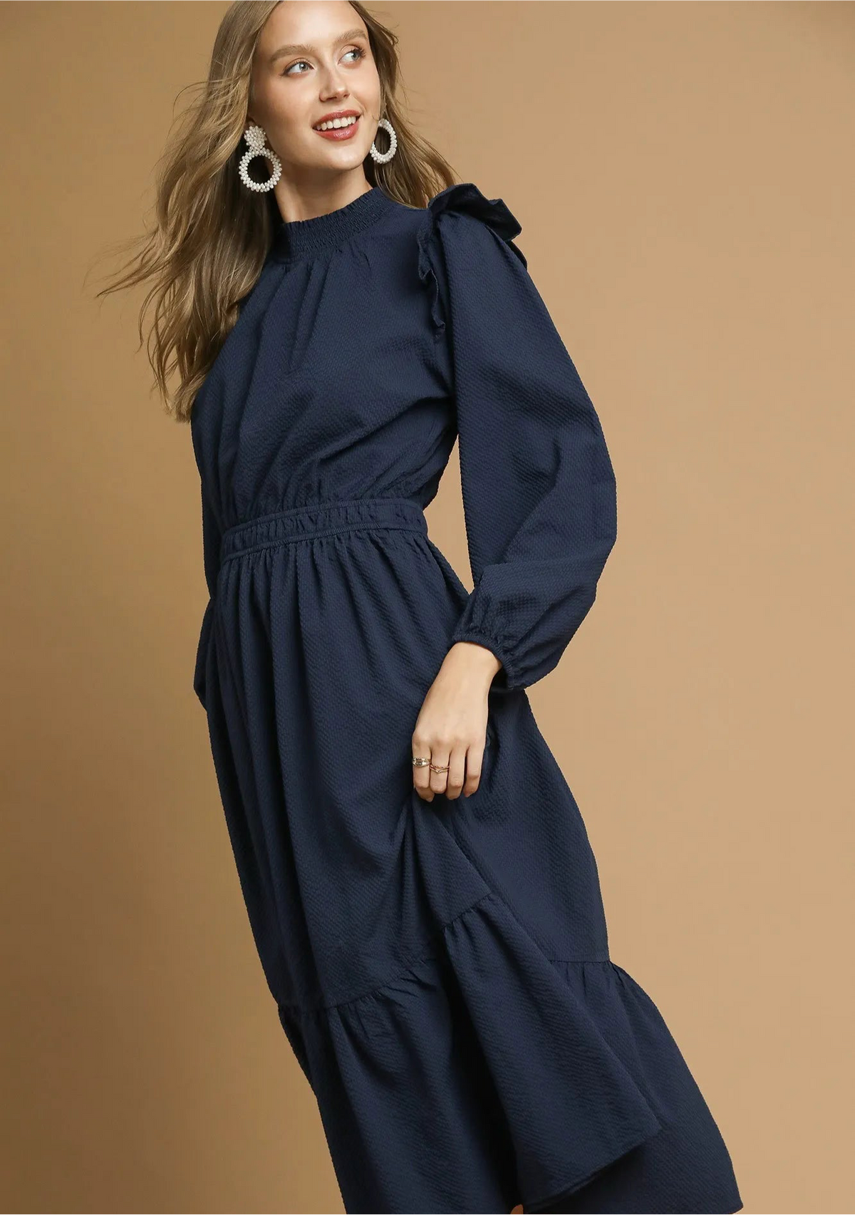 Textured Midi Dress with Ruffle Shoulder Detail