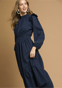 Textured Midi Dress with Ruffle Shoulder Detail