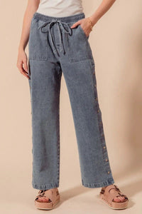Mid Rise Drawstring Jeans with Side Snap Button