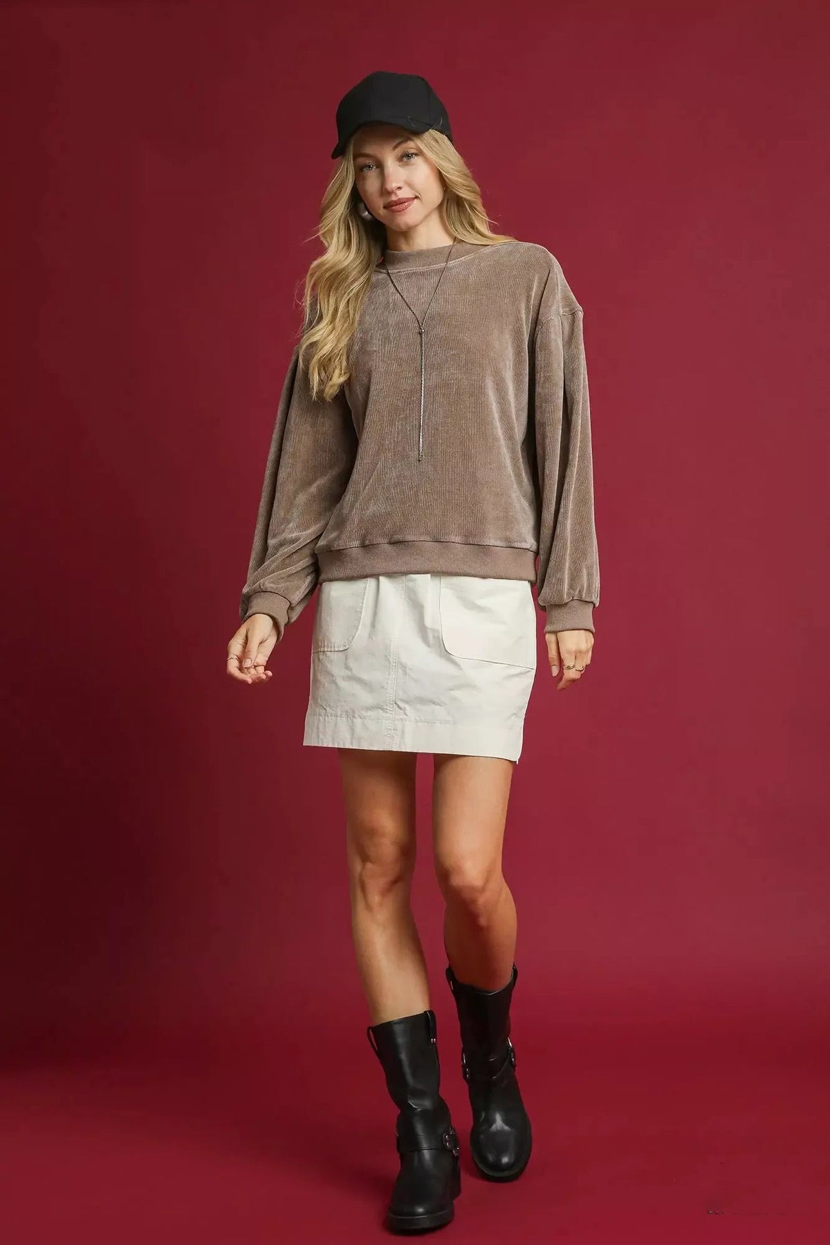Velour Crewneck Balloon Sleeve Sweatshirt