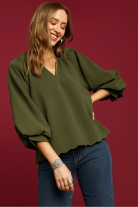 Textured Notched Balloon Sleeve Blouse