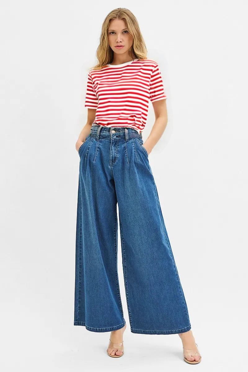 Mid Rise Fit Wide Leg Knit Denim Look Jeans