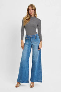 Mid Rise Wide Front Patch Pocket Jeans