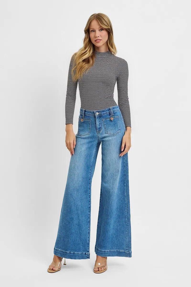 Mid Rise Wide Front Patch Pocket Jeans