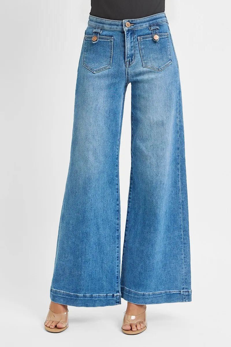Mid Rise Wide Front Patch Pocket Jeans
