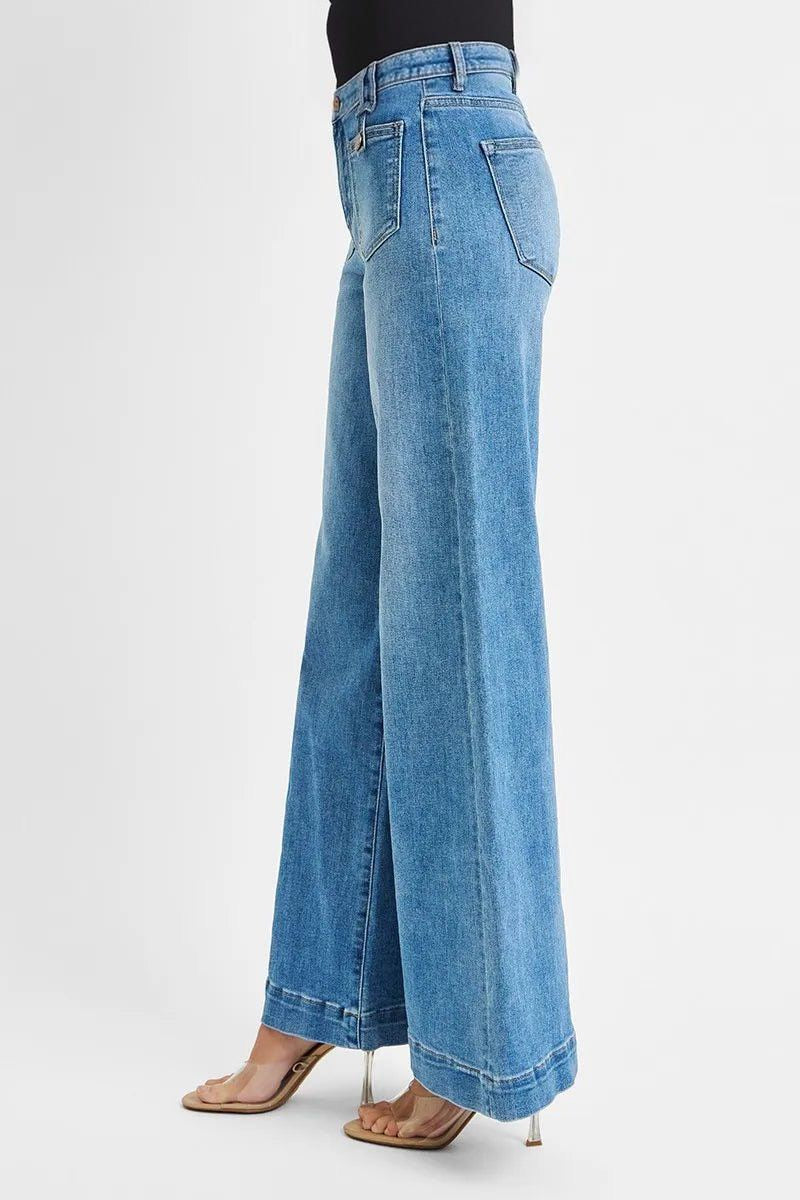Mid Rise Wide Front Patch Pocket Jeans