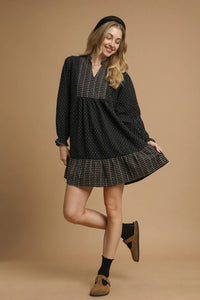 Polka Dot Plaid Trim Babydoll Dress