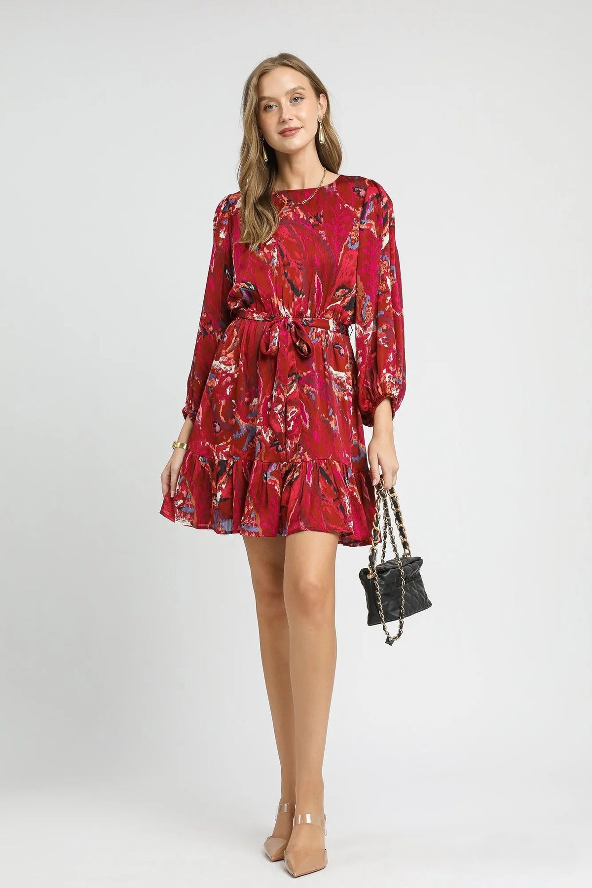Ruffled Hem Printed Balloon Sleeve Dress