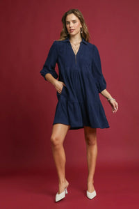 Tiered Corduroy Mini Dress with Balloon Sleeves