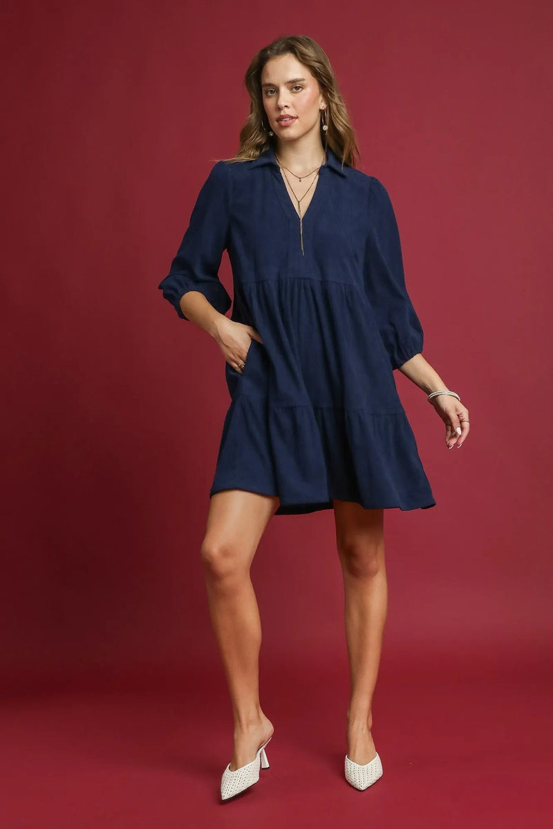 Tiered Corduroy Mini Dress with Balloon Sleeves