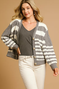 Cable-Knit Stripe Button-Up Cardigan