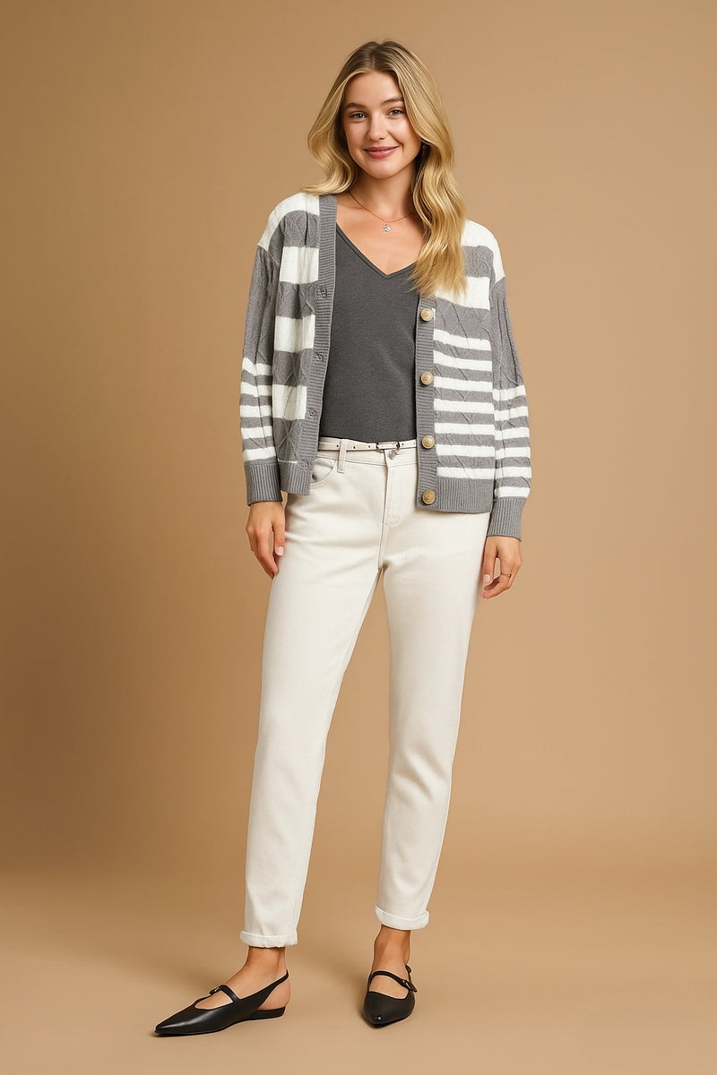 Cable-Knit Stripe Button-Up Cardigan