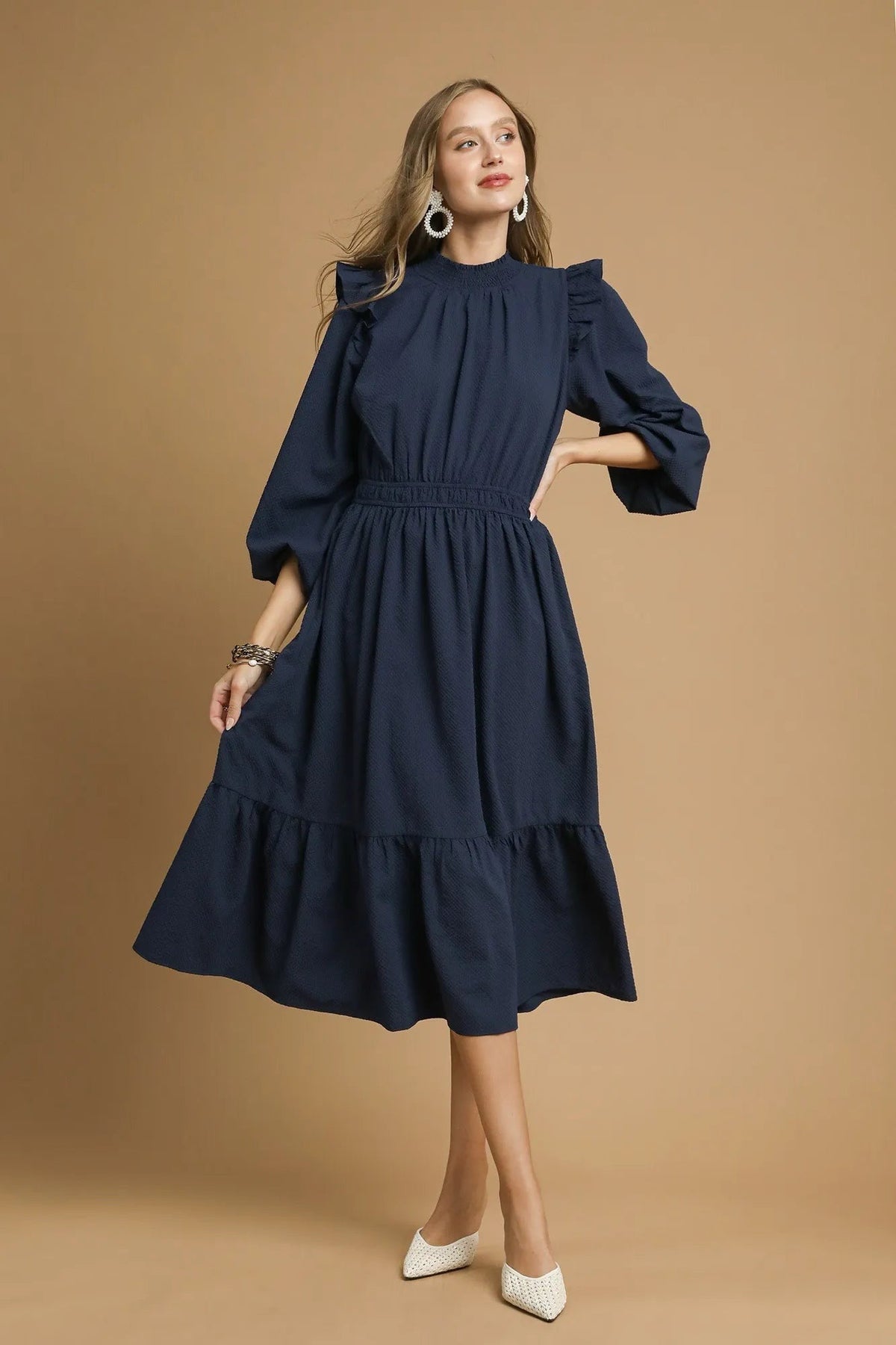 Textured Midi Dress with Ruffle Shoulder Detail