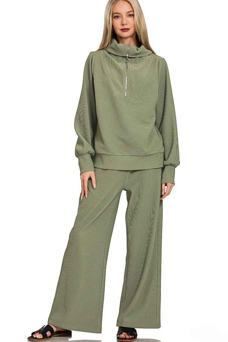 Ribbed High Neck Half Zip Pullover & Pants Set