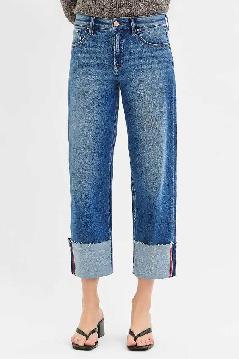 Tummy Control Mid Rise Crop Wide Cuffed Jeans