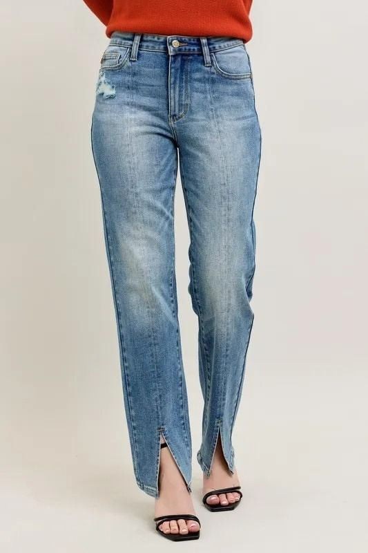 High Waist Vintage Wash Front Seam & Slit Straight