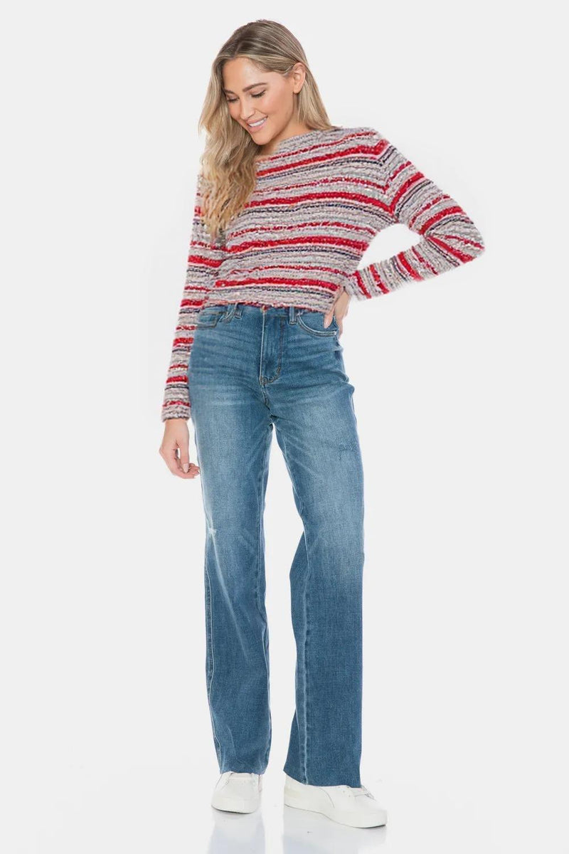 Tummy Control Cut Raw Hem Straight Jeans