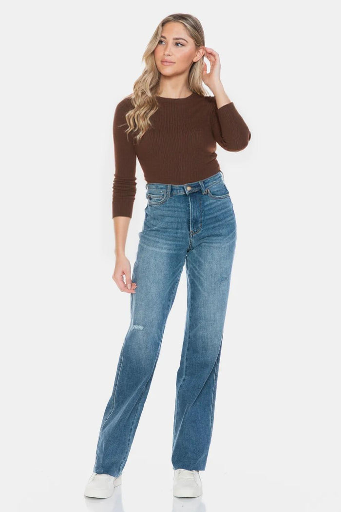 Tummy Control Cut Raw Hem Straight Jeans