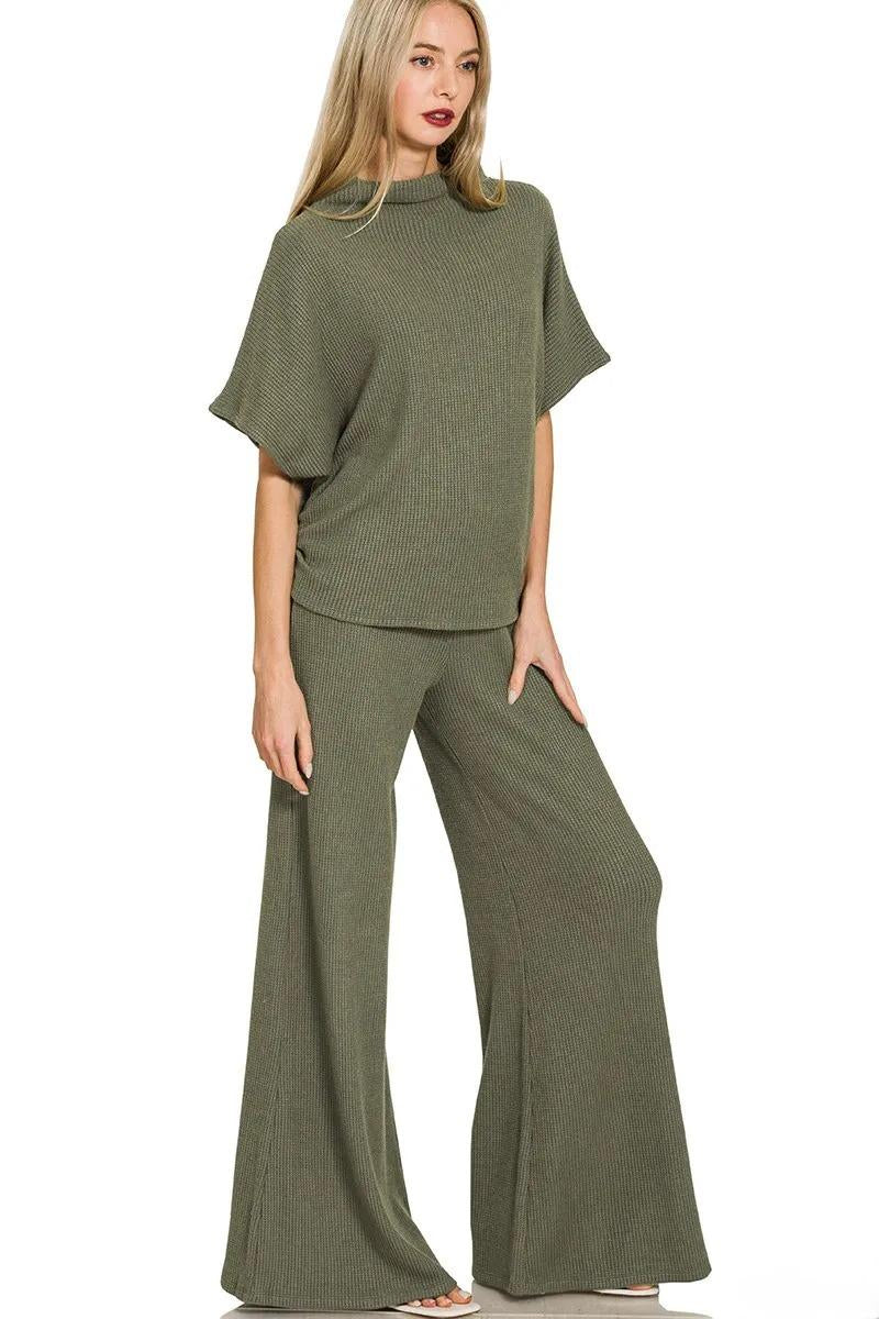 Mock Neck Top and Pants Sweater Set
